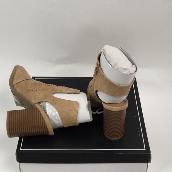 TAN DISTRESS PEEP-TOES BOOTIES - Picture 6 of 8